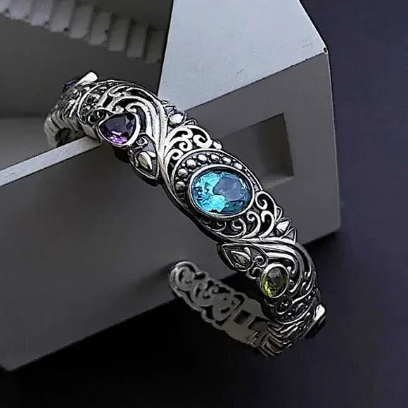 Vintage Sterling Silver Bangle, Multicolor Gemstone Engraved Cuff, Elegant - Picture 4 of 5